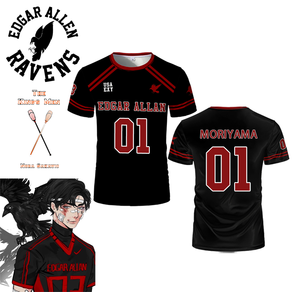 2025 nuevo The Foxhole Court Edgar Allan Ravens Lacrosse Jersey Cosplay Riko Moriyama camiseta 3D todo para el juego uniforme para niños