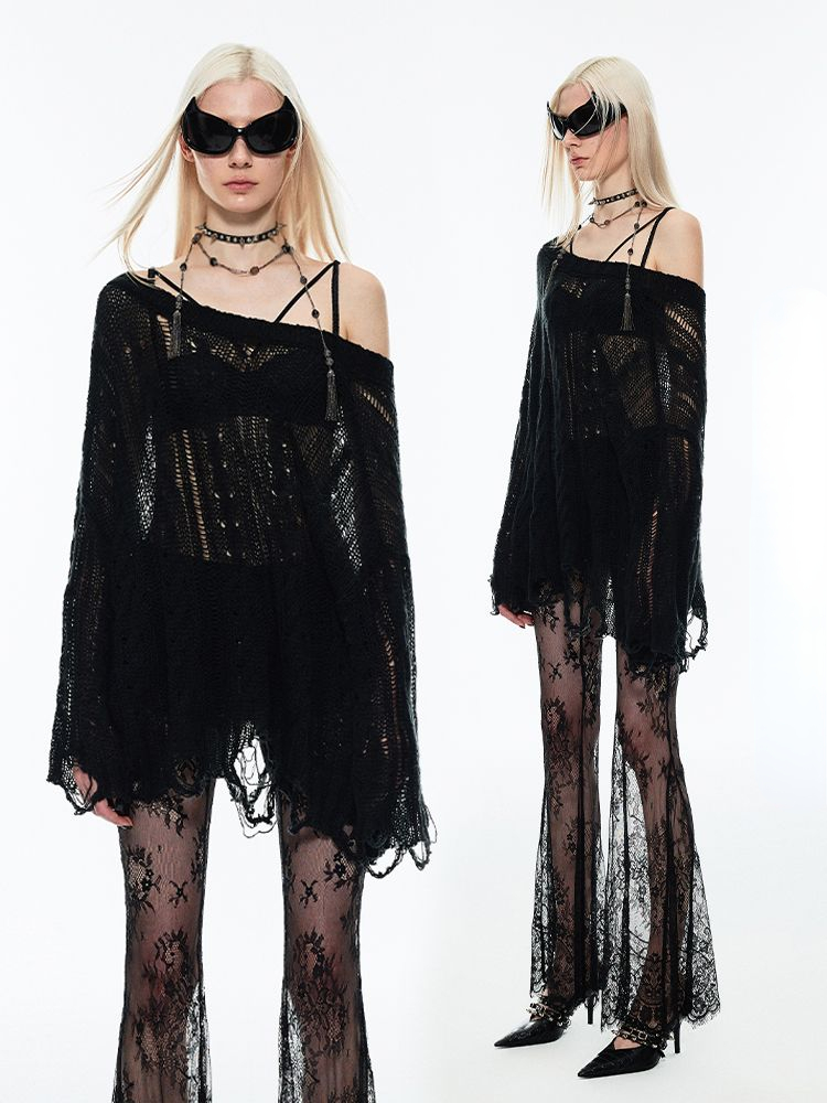 Gothic Hollow Out Y2k Sweater rajut wanita seksi, Harajuku pakaian jalanan lengan panjang tipis musim semi musim panas mantel baju perlindungan matahari