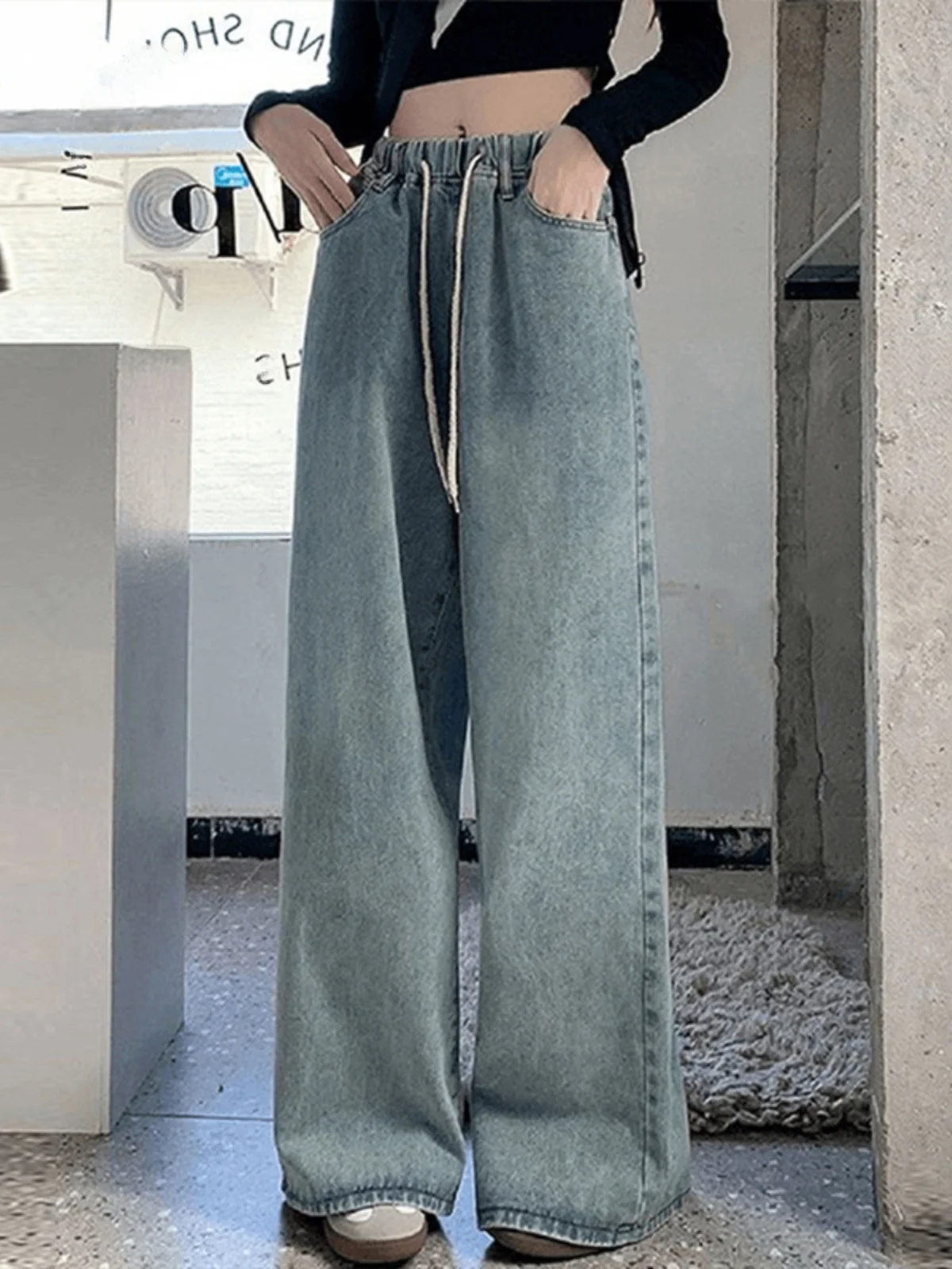 Botvotee 弾性ウエストハイウエストワイドレッグジーンズ女性のためのルーズストレートブルーロングデニムパンツ女性のファッションストリートジーンズ