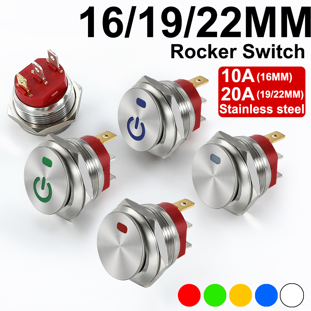 16/19/22MM Metal Button Rocker Switch Stainless Steel 12V 20A Self-locking Two Positions Car Toggle Switches ON-OFF 220V 15A