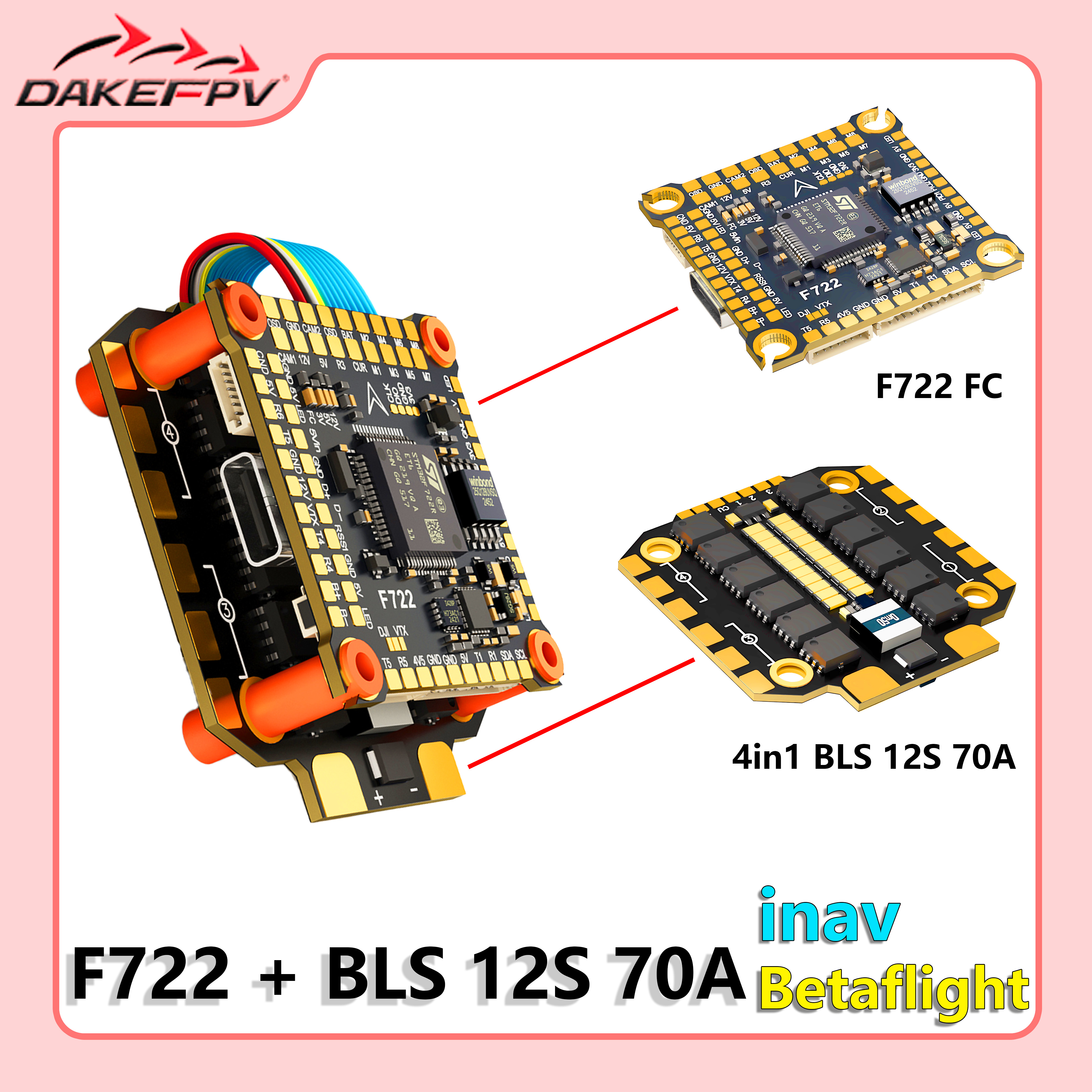 DAKEFPV F722 FC 12S 70A STACK 4IN1 Blheli_S 8bit ESC F722 Controllore di volo Supporto Betaflight INAV Per FPV 5 pollici RC drone FAI DA TE