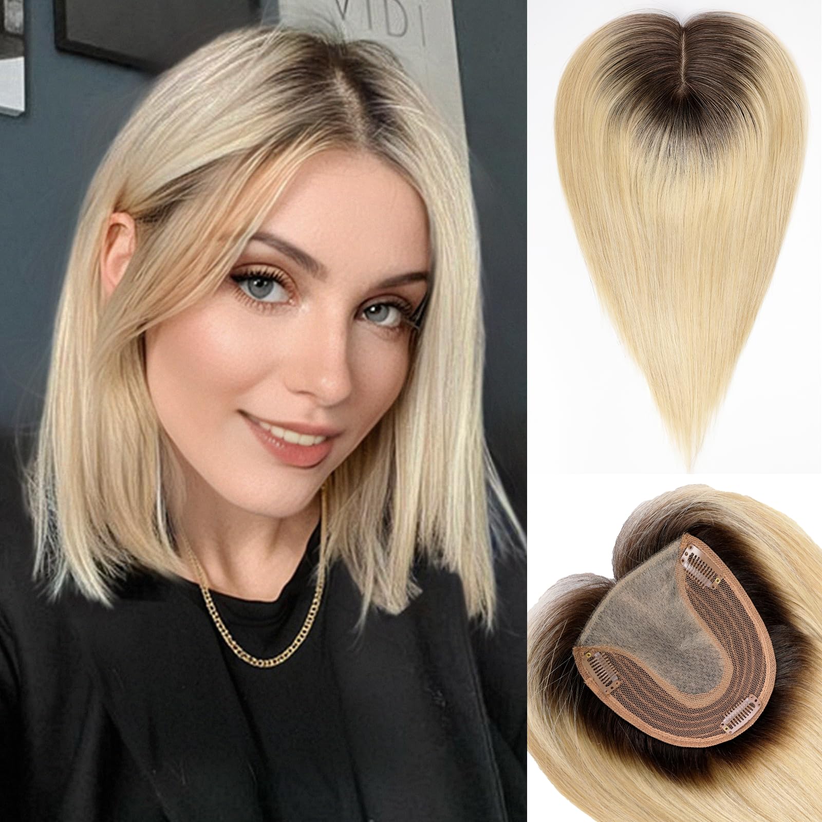Blonde Ombre Remy Echthaar-Topper, dunkle Wurzel, Seidenbasis, Clips im Haar, Remy-Echthaarverlängerungen für Frauen, 35,6 cm Haarteil