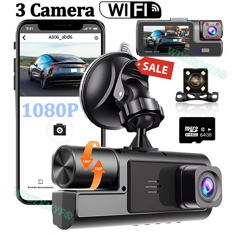 3Camera Dash Cam per telecamera per auto Videoregistratore 1080P WIFI Car DVR Telecamera per vista posteriore anteriore Visione notturna Scatola nera Accessori per auto