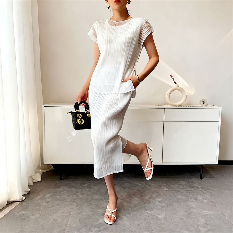 Camiseta Plisada Miyake 2026, Top de Verano de Doble Capa con Malla y Manga Corta, Falda Elástica para Mujer, Conjunto Elegante y Sencillo para el Día a Día