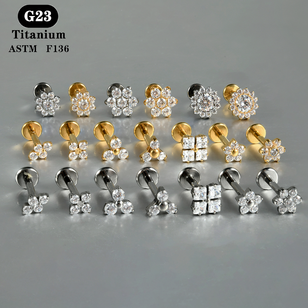 1 шт. ASTM F136 титановые циркониевые серьги с плоской задней частью, серьги-гвоздики с цветком, лепестковая спираль, ювелирные изделия для пирсинга хряща козелка 16 г