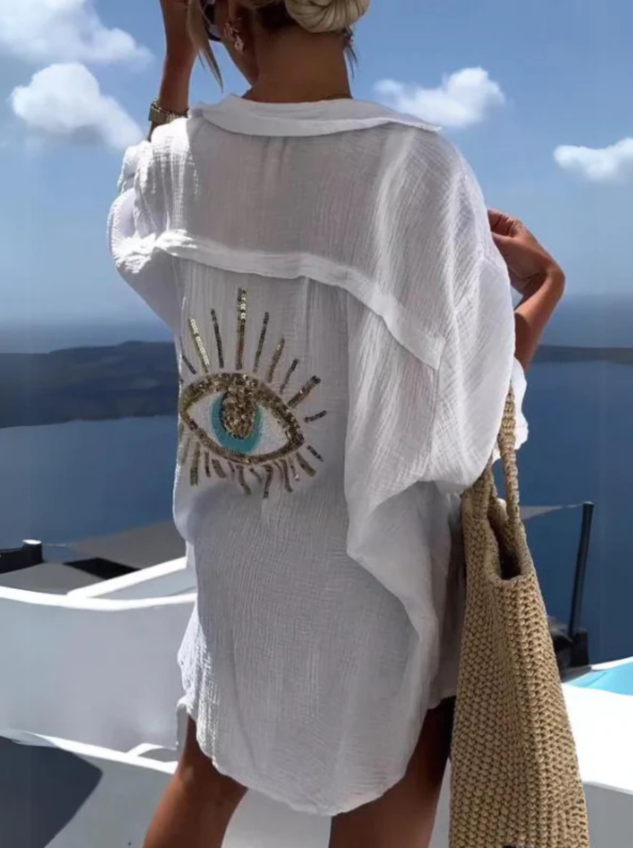 Camisa de gran tamaño para mujer, blusas holgadas de manga larga con cuello vuelto y estampado blanco, ropa de playa informal a la moda para mujer 2024