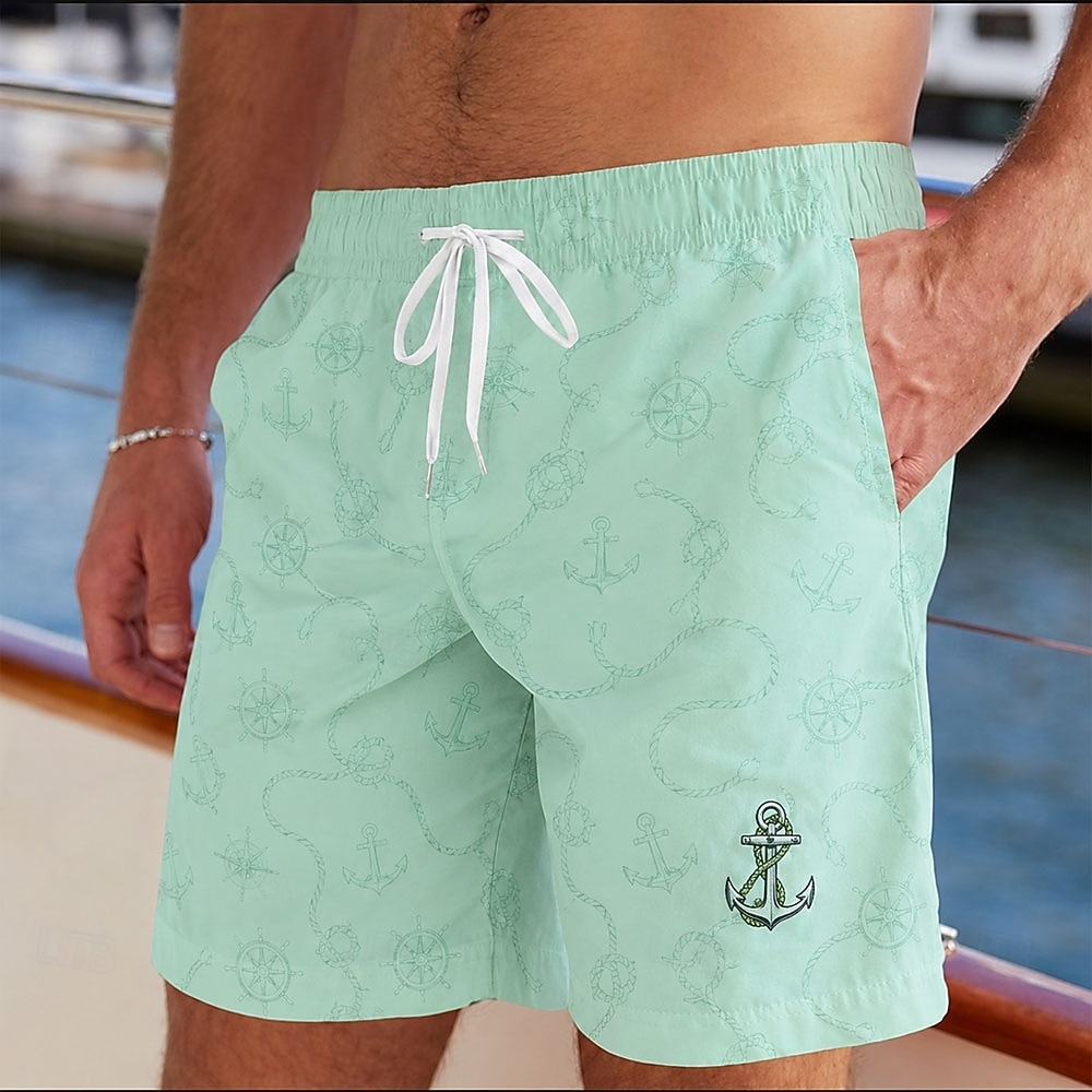 Shorts Masculinos Verde Menta com Estampa de Âncora Náutica, Corte Solto Casual para Uso Diário na Primavera/Verão e Praia