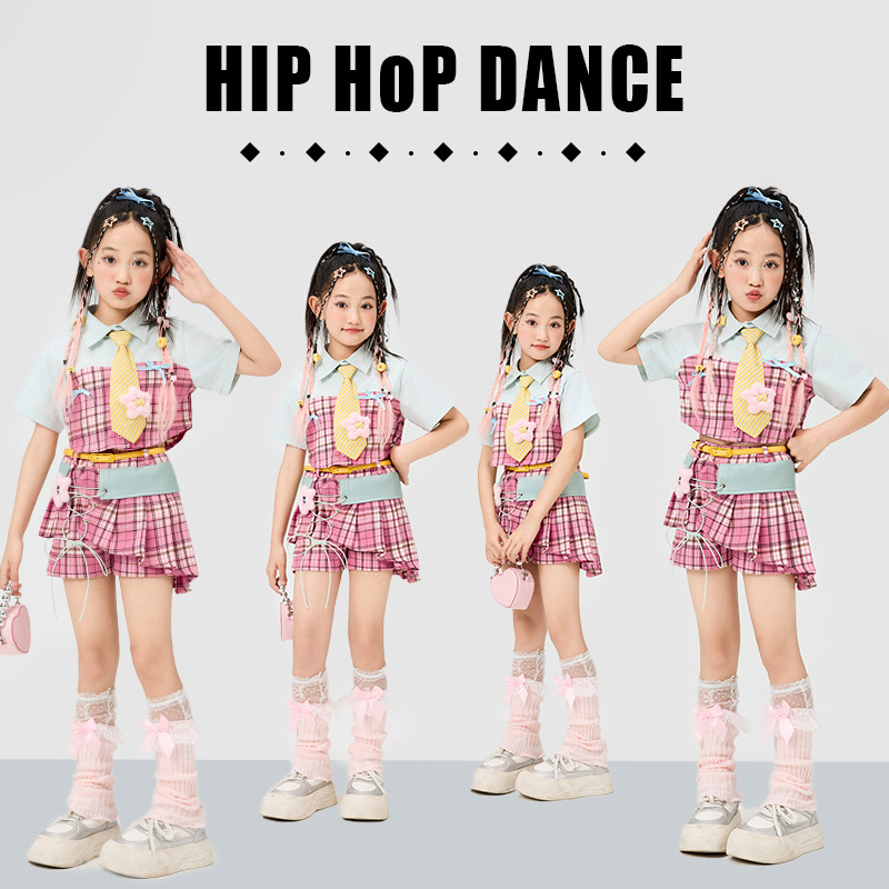 Conjunto de Ropa Urbana Hip Hop para Niños, Camisa a Cuadros Verde Claro, Falda a Cuadros Rosa, Disfraz de Danza Jazz para Niñas, Conjunto de Danza Urbana Kpop
