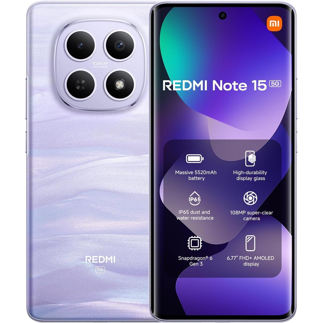 XIAOMI REDMI Note 15 5G  8+256GB, Pantalla AMOLED FHD+ de 6,77", Snapdragon 6 Gen 3, cámara de 108 MP, batería de 5520 mAh, Cargador no Incluido
