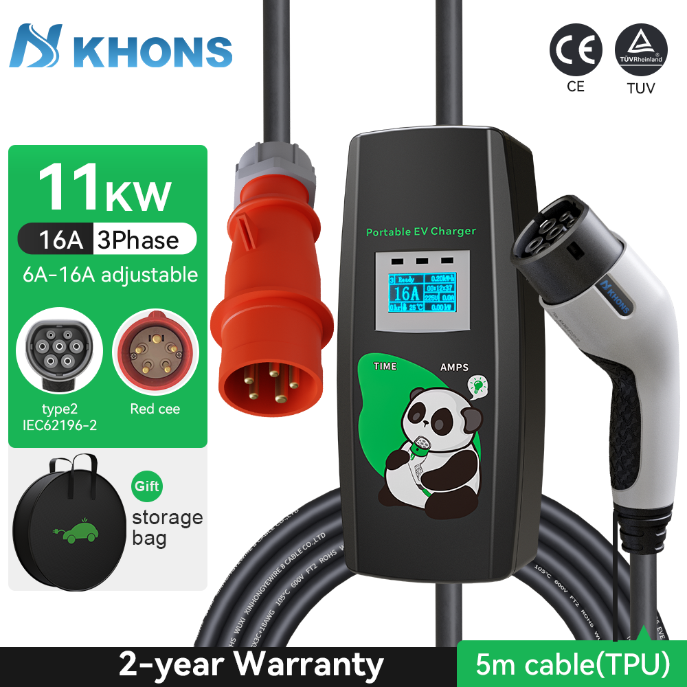 Khons 11KW 16A EV Przenośna ładowarka Type2 EVSE Skrzynka ładująca Trójfazowa elektryczna ładowarka samochodowa Kabel 5 m