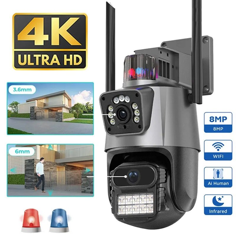 屋外 Wifi PTZ カメラ 4K 8MP HD デュアルレンズデュアルスクリーンカメラ AI 自動追跡 4MP ビデオ監視警察ライトアラーム iCSee