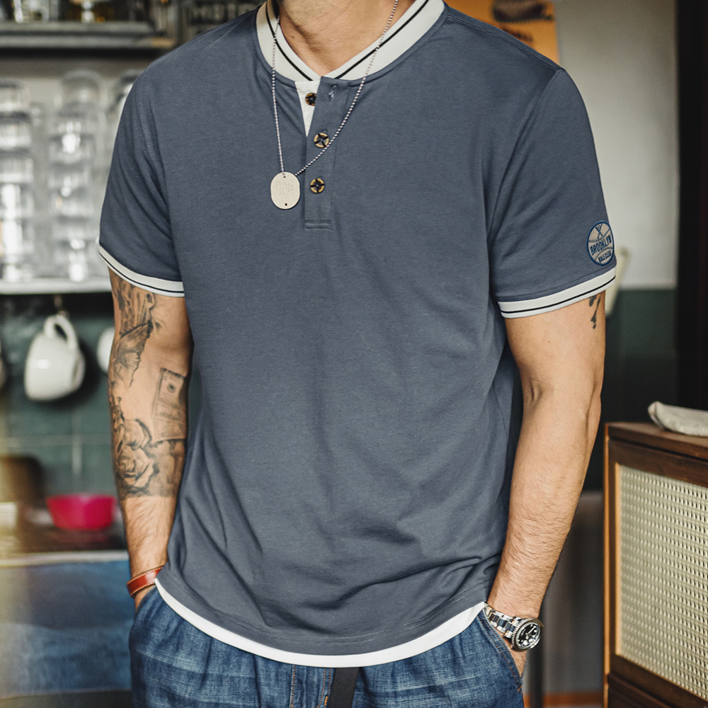 Maden hommes Vintage Baseball manches courtes Henley chemise poids lourd contraste brodé t-shirt 100% coton rétro été T-shirts