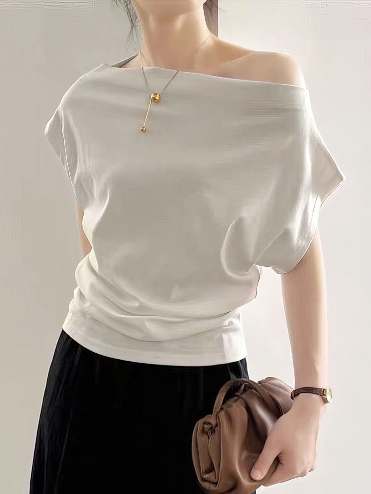 Atasan Wanita Korea Elegan Musim Panas Model Off Shoulder Satu Bahu Longgar Kasual Lengan Pendek Kaos Fashion Blus Dasar Wanita Musim Semi