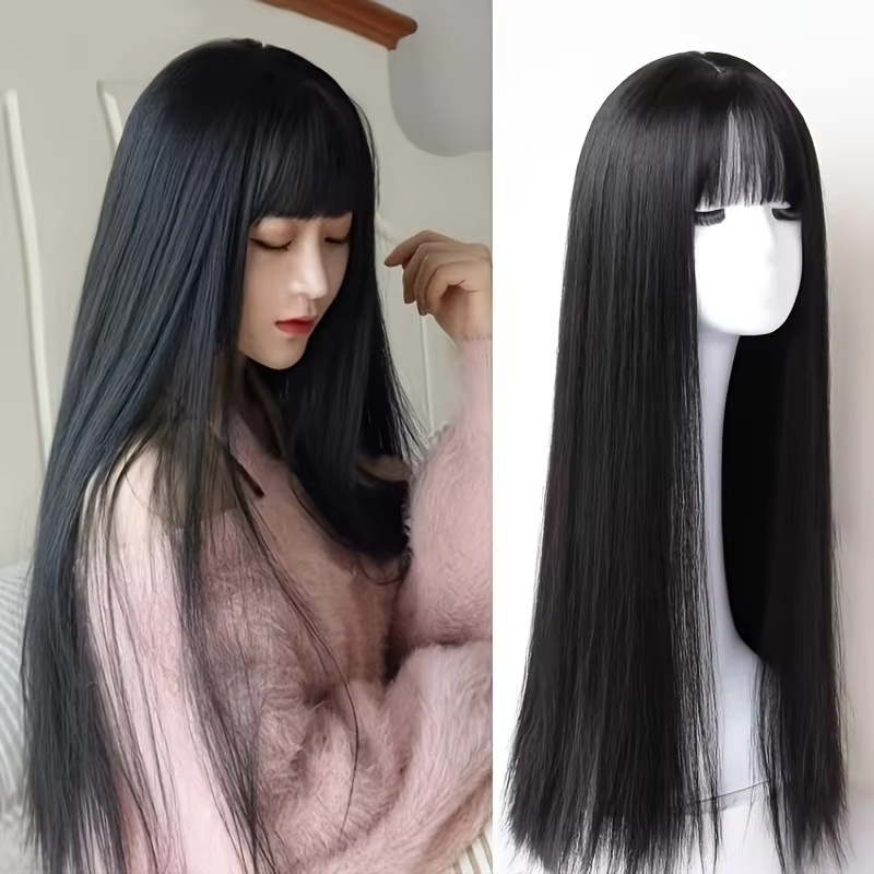 Schwarze synthetische Perücke mit langem glattem Haar für Halloween-Party, Cosplay-Perücke für den täglichen Gebrauch, Hochtemperatur-Haar-Accessoire-Perücke