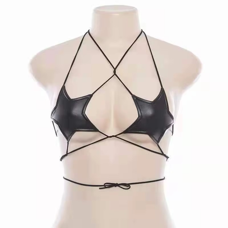 Seksowny damski skórzany biustonosz w kształcie gwiazdy z paskami, top typu bustier, braletka, biustonosz z wiązaniem na szyi, odblaskowa srebrna kamizelka do klubu nocnego.
