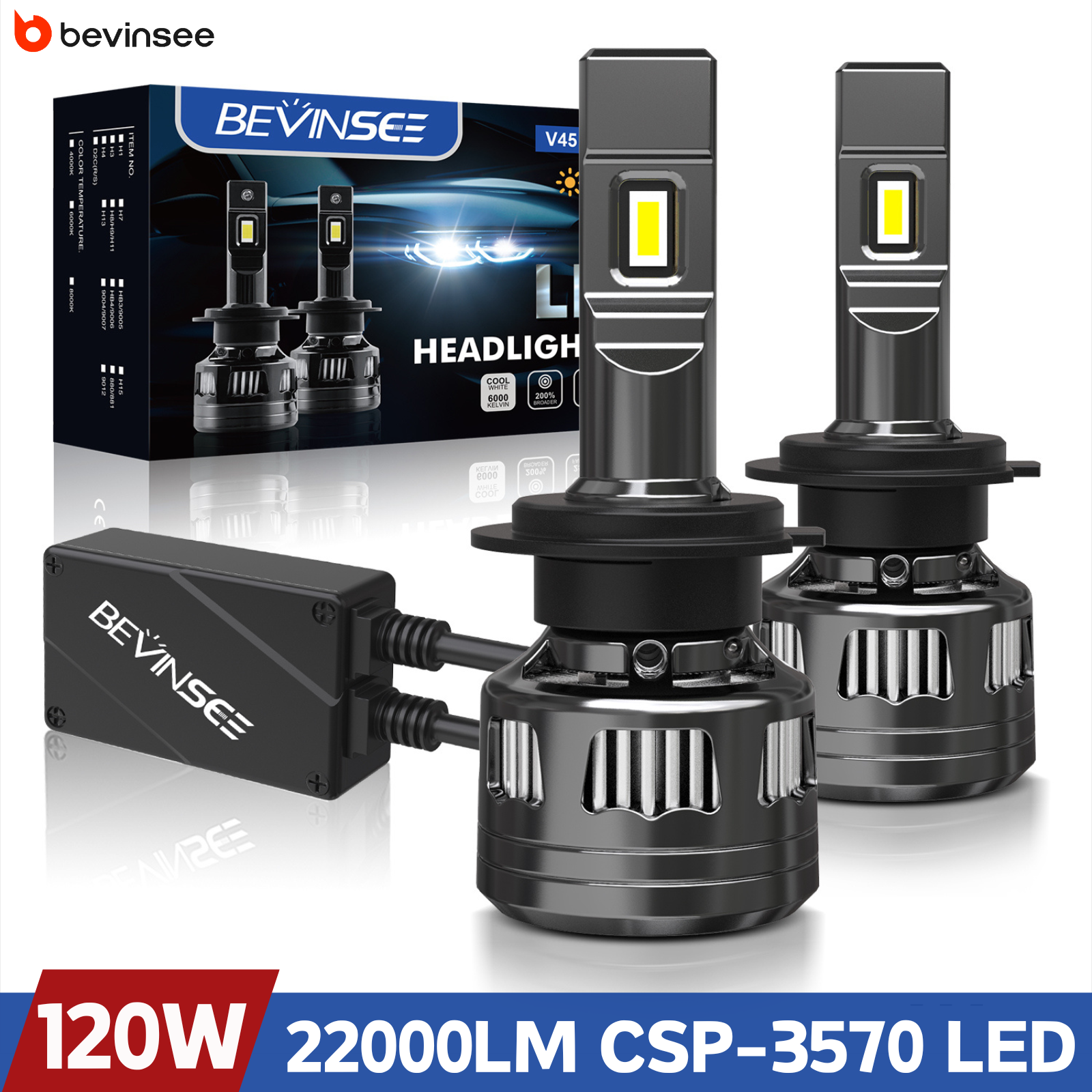 Faros LED BEVINSEE H7 H4 H1 CANBUS de Alta Potencia 120W 22000LM Súper Brillantes H11 9005 HB3 9006 HB4 9012 Luces LED para Auto 6000K 12V