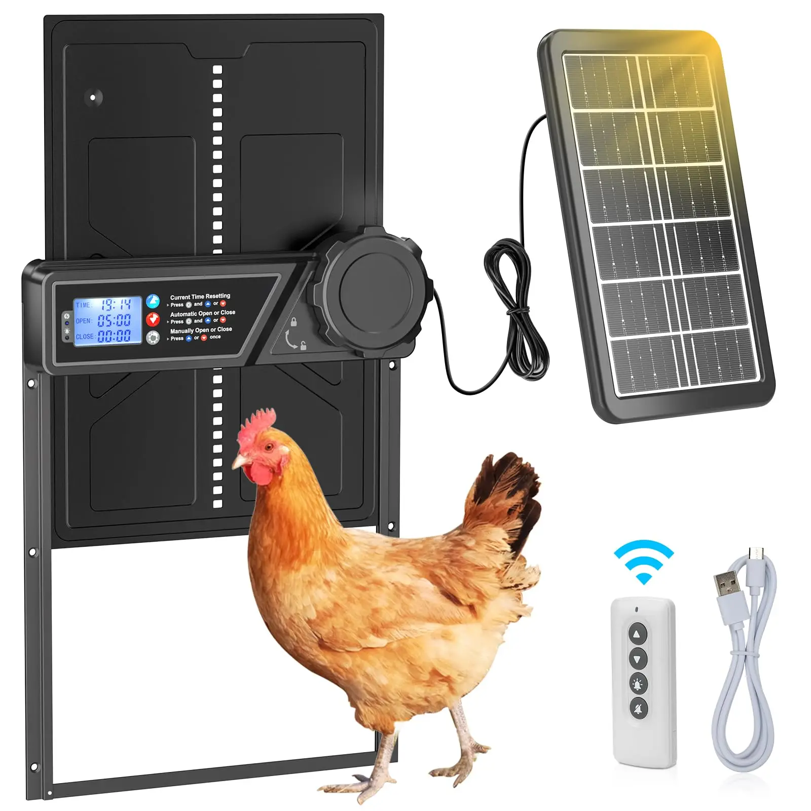 Automatische kippenhokdeur op zonne-energie, LCD-display Automatische kippendeur met timer Kippendeur van aluminiumlegering met afstandsbediening