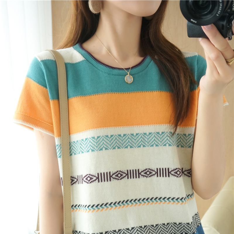 T-shirt a maniche corte in cotone 100% estate da donna o-collo Pullover Color block con cuciture a contrasto colore Base t-shirt lavorata a maglia