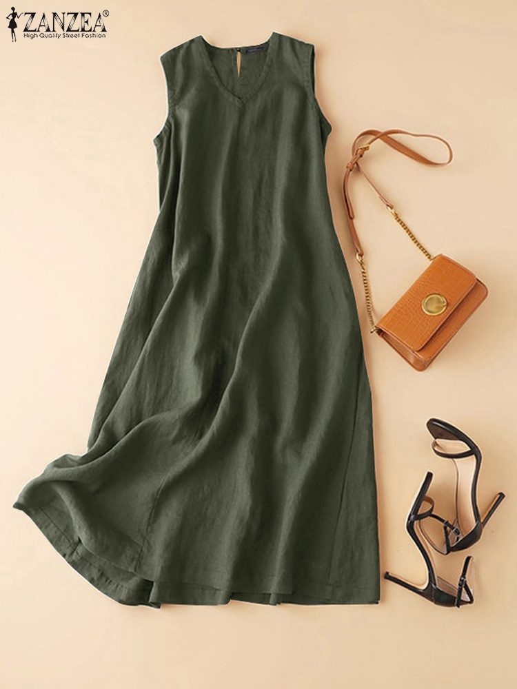 ZANZEA Gaun Tanpa Lengan Katun Ukuran Plus Gaun Sundress Solid Leher V Kasual Wanita Musim Panas 2025 Jubah Antik Vestidos Longgar Wanita