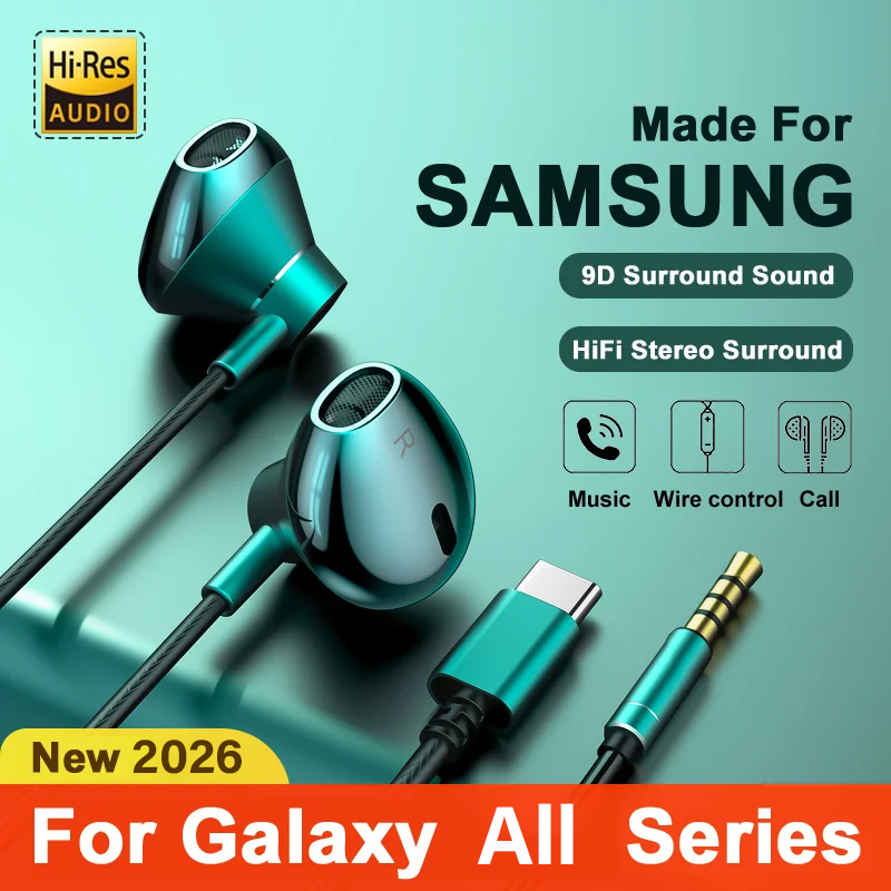 Наушники Samsung HiFi Bass Stereo с регулировкой громкости и микрофоном, USB Type-C, 3,5 мм, проводные, для Galaxy S25 S24 S23 S22 Ultra