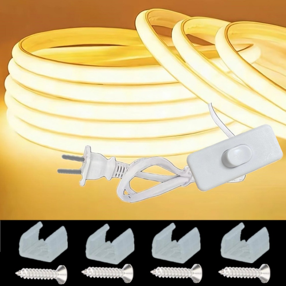 Tira de lámpara LED COB de 1-30M, 220V, 288LEDs/m, RA90, interruptor impermeable IP65 para exteriores/alimentación regulable, enchufe europeo, cinta LED FOB, iluminación para dormitorio