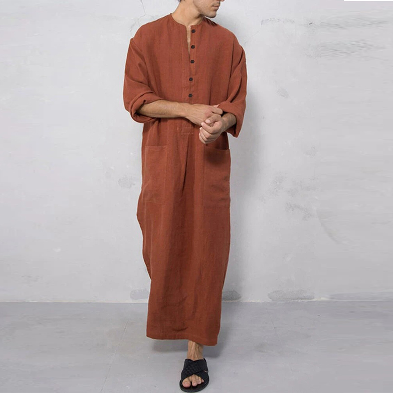 Roupões muçulmanos masculinos cor sólida manga longa bolsos de algodão roupões botão para baixo lazer vintage árabe islâmico kaftan dubai masculino novo