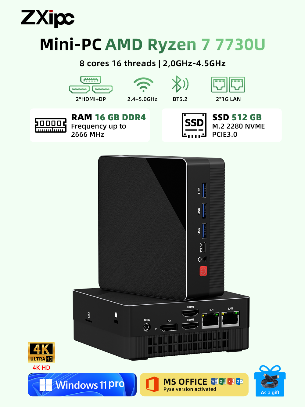 ZXIPC  Mini Computer R7 7530U 16 GB DDR4*2 512 GB SSD Gaming Pocket Dual LAN 1G BT 5.2 Ryzen7  NUC Office PC DDR4 NVMe