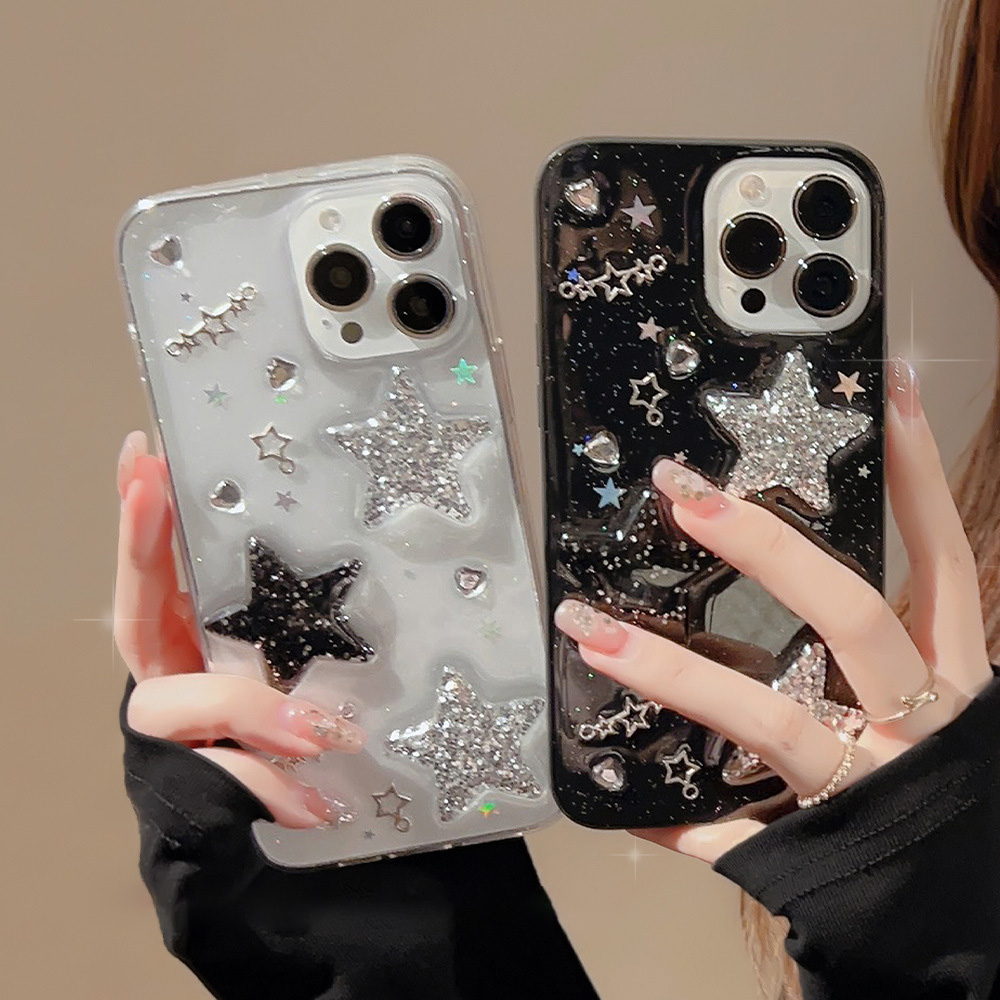 Casing ponsel berkilau berbintang untuk iPhone, casing iPhone 15 14 13 12 11 Pro Max X XR XSMAX 7 8 Plus hitam transparan dengan bintang 3D dan berlian imitasi