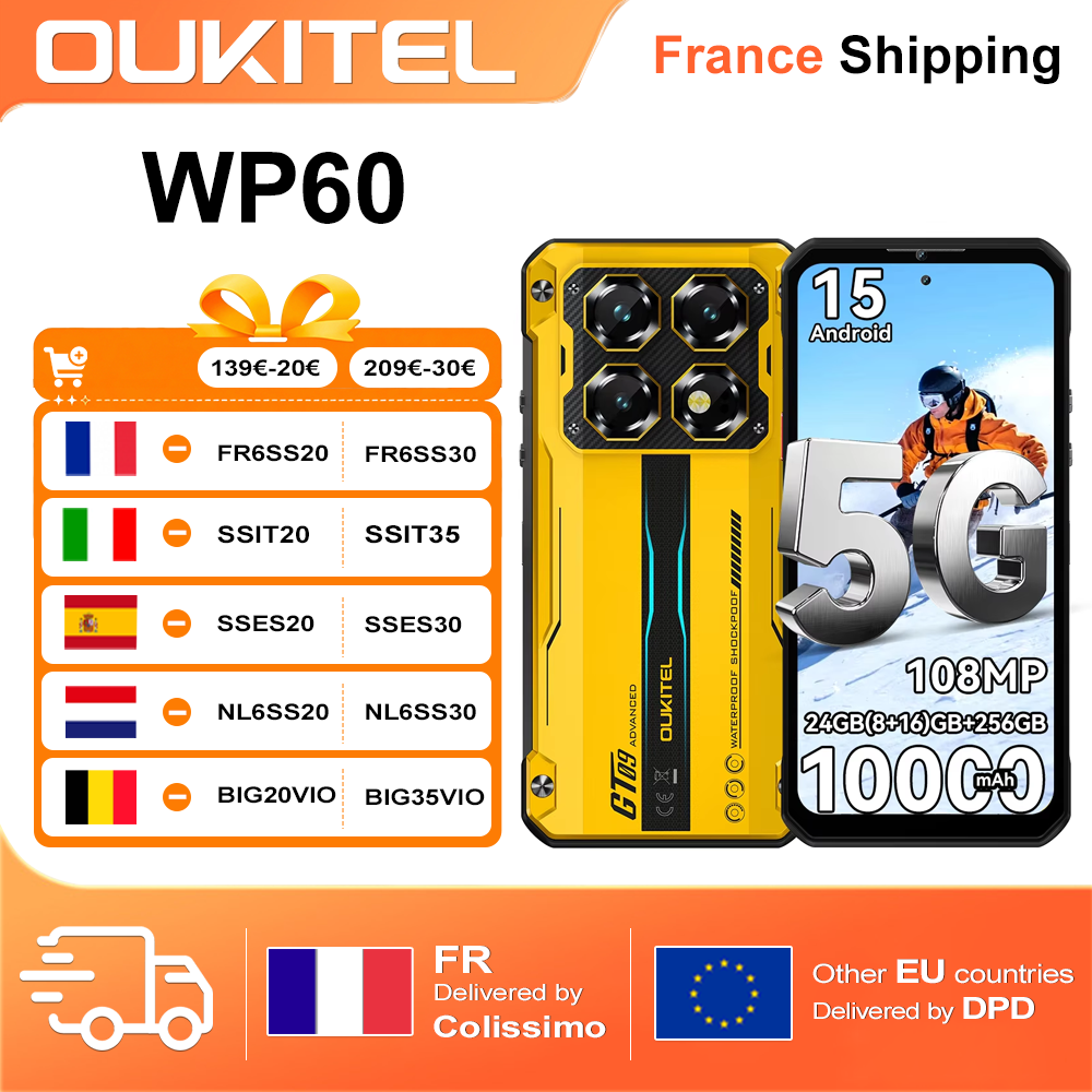 Smartphone OUKITEL WP60 5G 24GB(8+16)GB+256GB ROM Tela HD+ de 7.2” 120Hz MTK 7025 Telefone Rugged 10000mAh 108MP Android 15 NFC