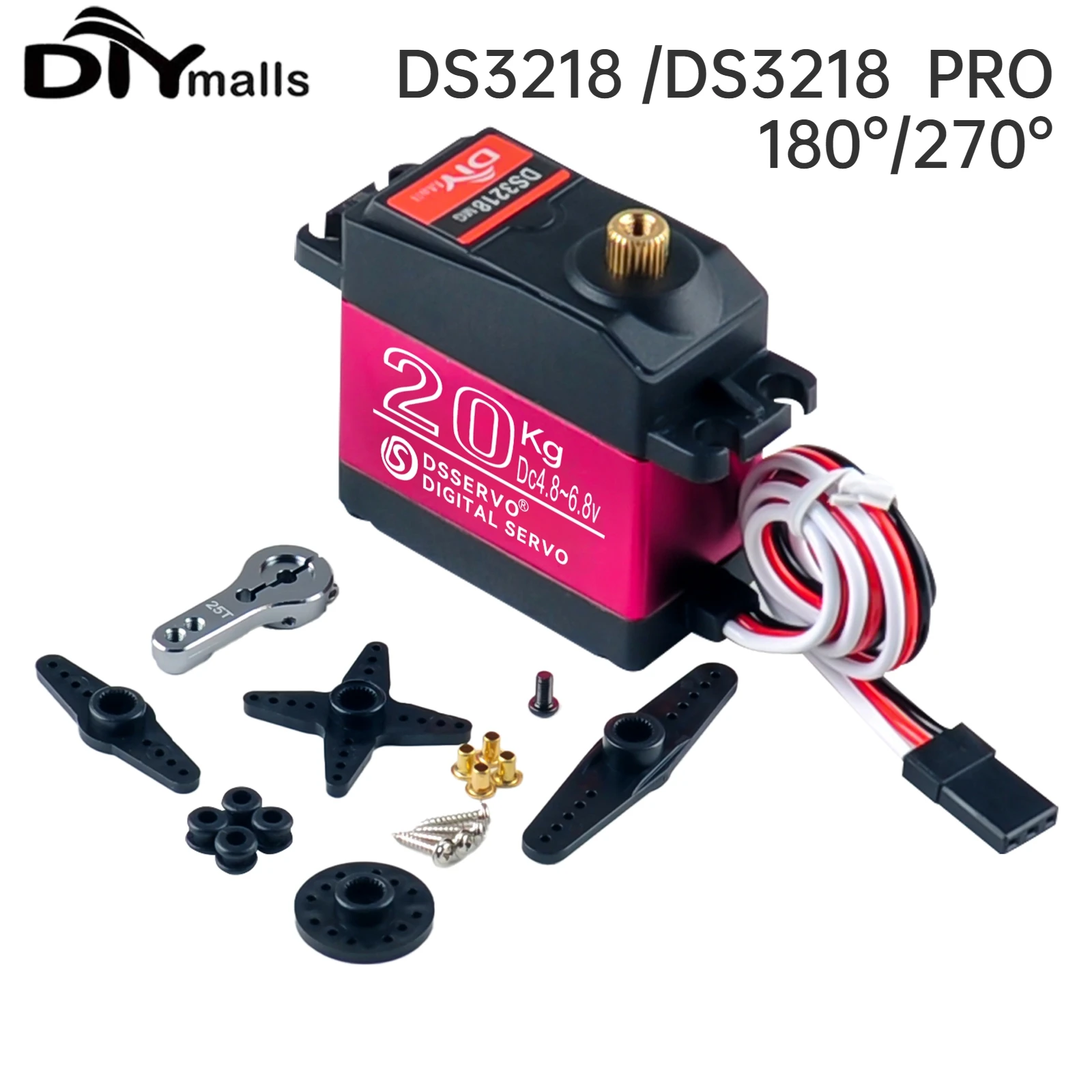 Водонепроницаемый сервопривод DS3218 PRO 20 кг, 180/270 градусов, высокоскоростной, с металлическим редуктором, цифровой, для радиоуправляемых машин масштаба 1/8 и 1/10