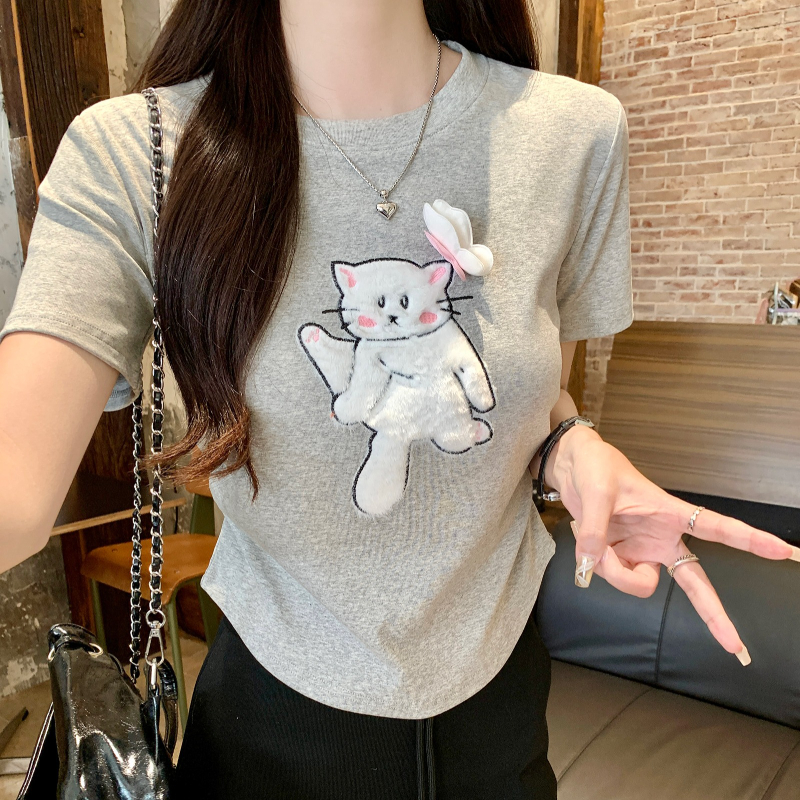 Blusa de manga curta com decote em O feminina, T-Shirt Feminina de Verão, Fina, Casual, Bordada, Versátil, Doce, Fofa, Novo