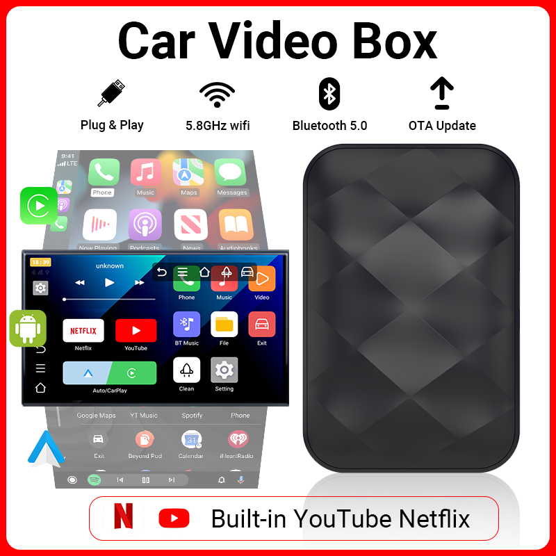Android 14 CarPlay Smart Ai Box Android Беспроводной адаптер CarPlay Android Auto для Netflix Для автомобильных интеллектуальных систем YouTube