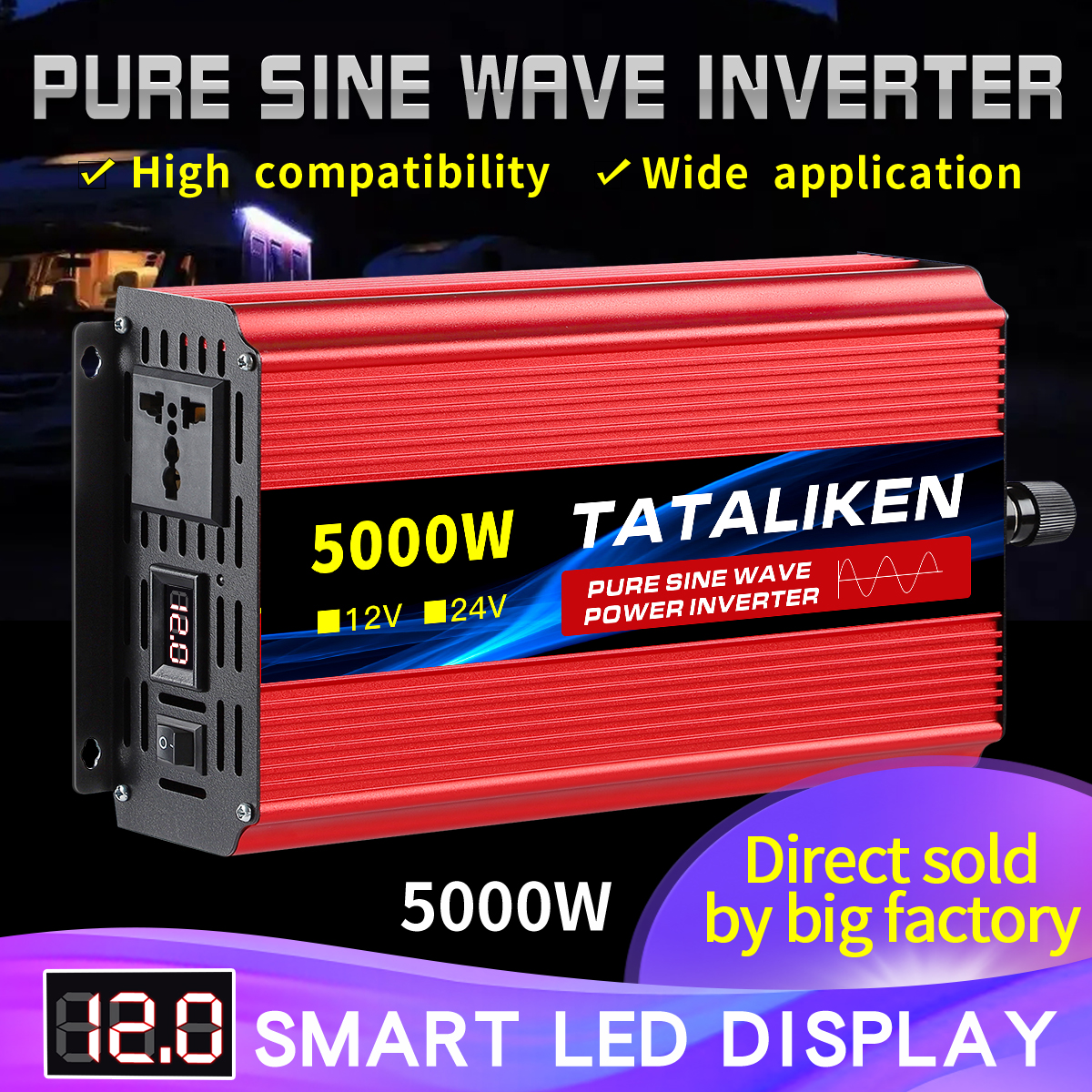 Inversor dc12v/24v para ac 220v tensão 50/60hz transformador solar de energia conversor de onda senoidal pura com display led soquete universal