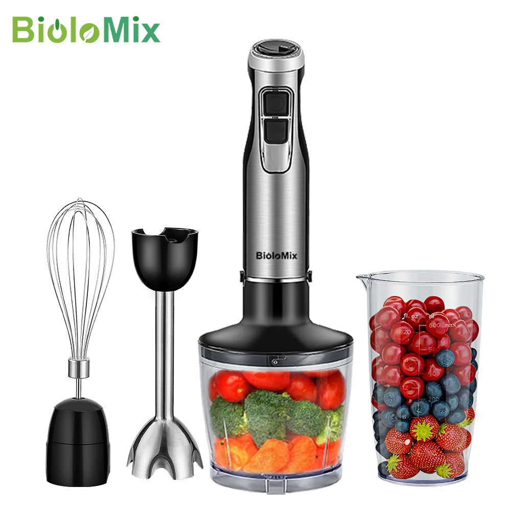 Biolomix เครื่องปั่นแบบจุ่ม4 in 1, เครื่องปั่นแบบแท่งพลังสูง1200วัตต์ประกอบด้วยเครื่องบดสับและปั่นถ้วยสแตนเลสใบมีดน้ำแข็ง