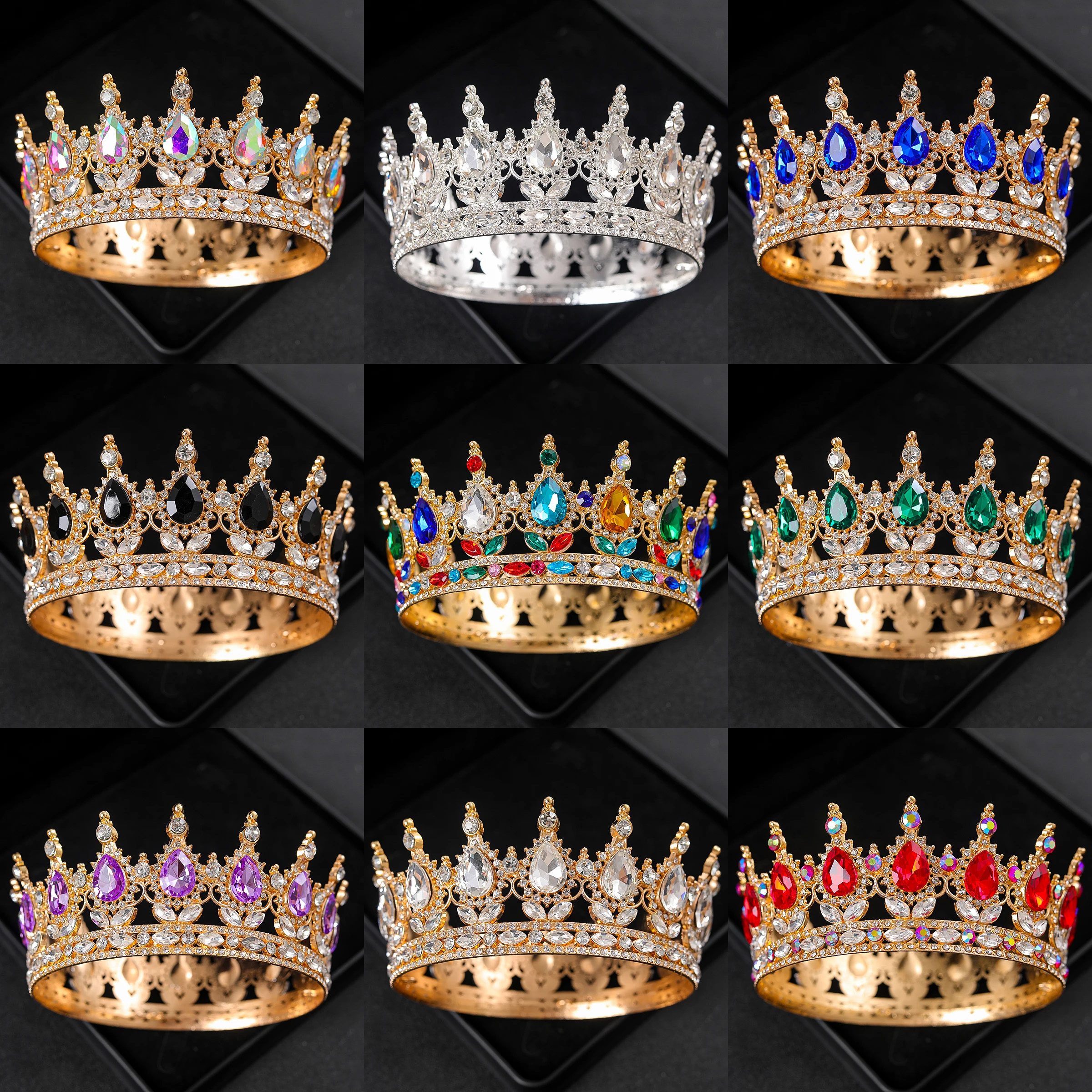 Corona de boda redonda barroca europea, desfile nupcial, Tiaras de cristal con diamantes de imitación, tocados moldeados de corona para reinas y rey