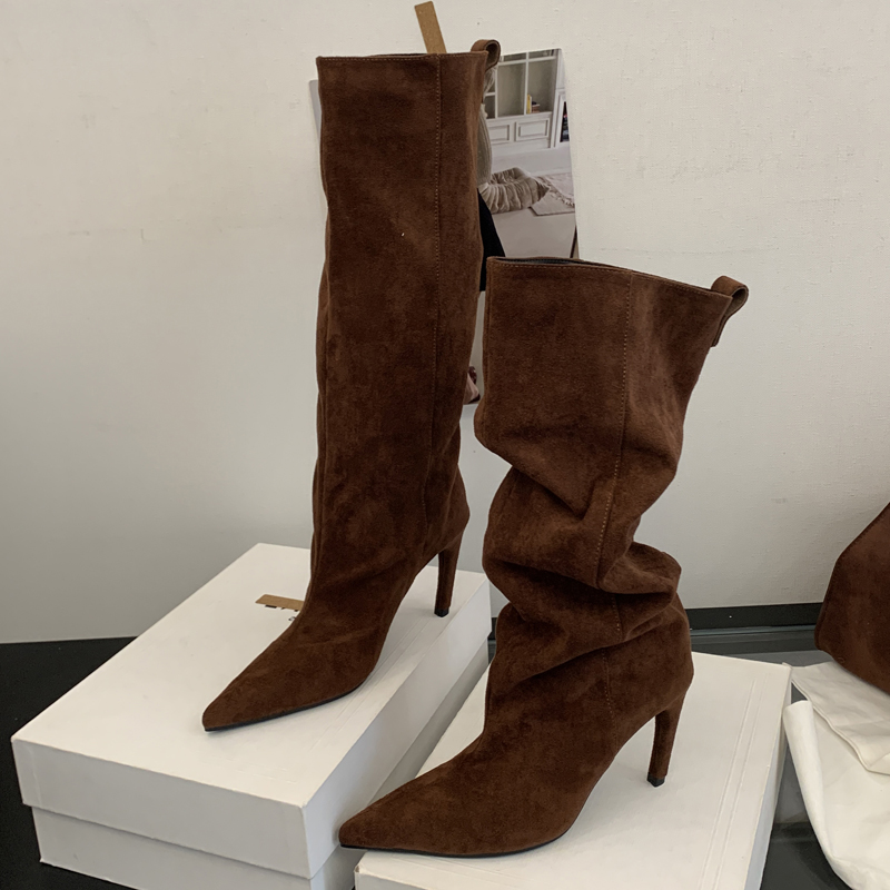 Aneikeh Fashion Winter Pointed Toe Knee-High Women Boots Thin Heels Shoes Female Punk Long Booties Zapatos De Muje