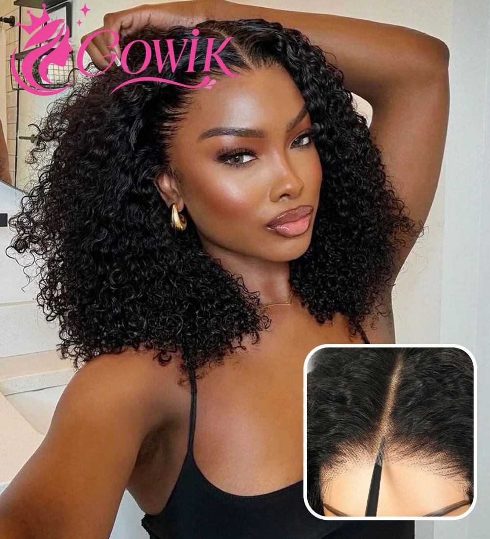 Peruca Bob Cacheada de Cabelo Humano Pronta para Usar, Sem Cola, Pré-Alongada e Pré-Cortada, com Fechamento de Renda 5x5, para Mulheres, Preto Natural