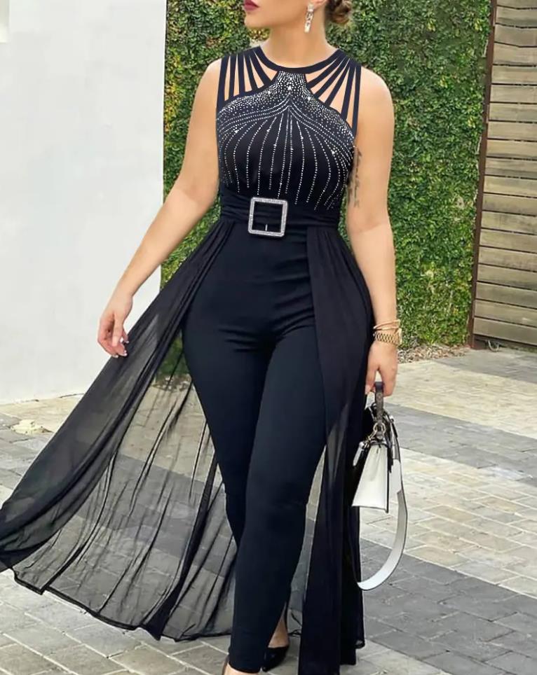 Mono elegante para mujer, fiesta de verano, informal, con diamantes de imitación, malla transparente, monos sin mangas, trajes ajustados, traje de moda para mujer