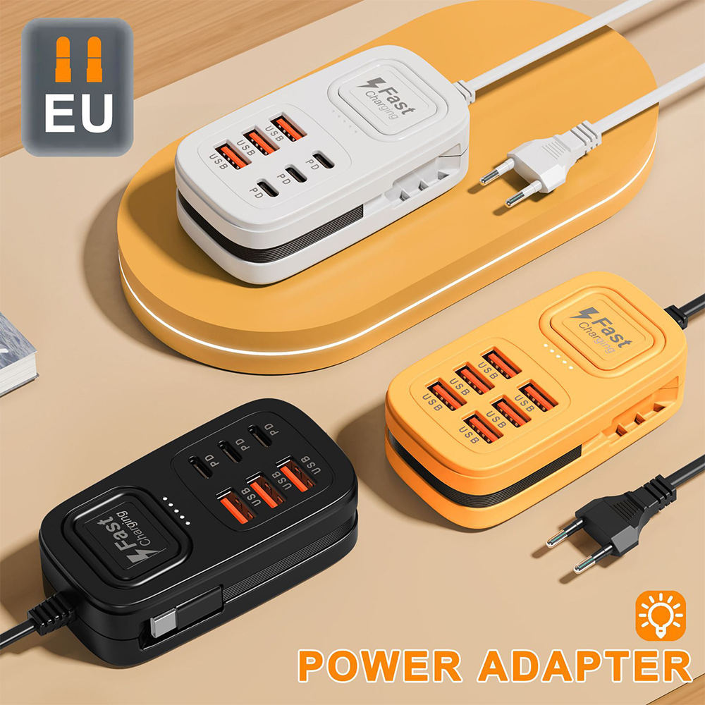 Enchufe de carga rápida USB de 6 puertos, estación de carga de escritorio, adaptador de enchufe USB con enchufe europeo/británico/estadounidense, 3 tipo C, 3 USB