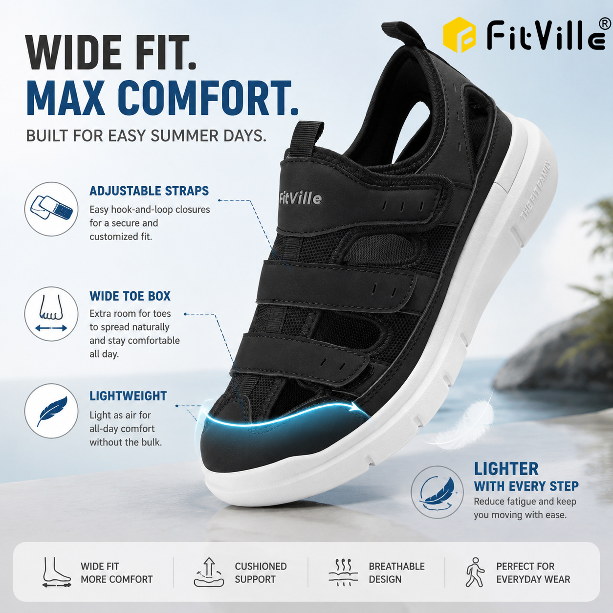 Мужские сандалии FitVille, расширенная обувь для диабета, мужская повседневная обувь, легкая обувь для подошвенного фасциита, поддержка свода стопы, облегчение боли