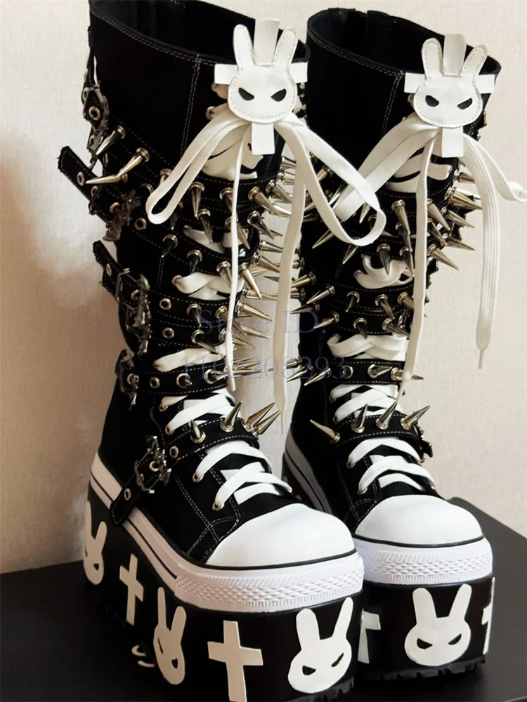 Cross Rivet Kniehoge Laarzen Punk Ronde Neus Y2K Platform Devil Angel Canvas Schoenen Veterschoenen Dames Motorlaarzen 2025, Halloween