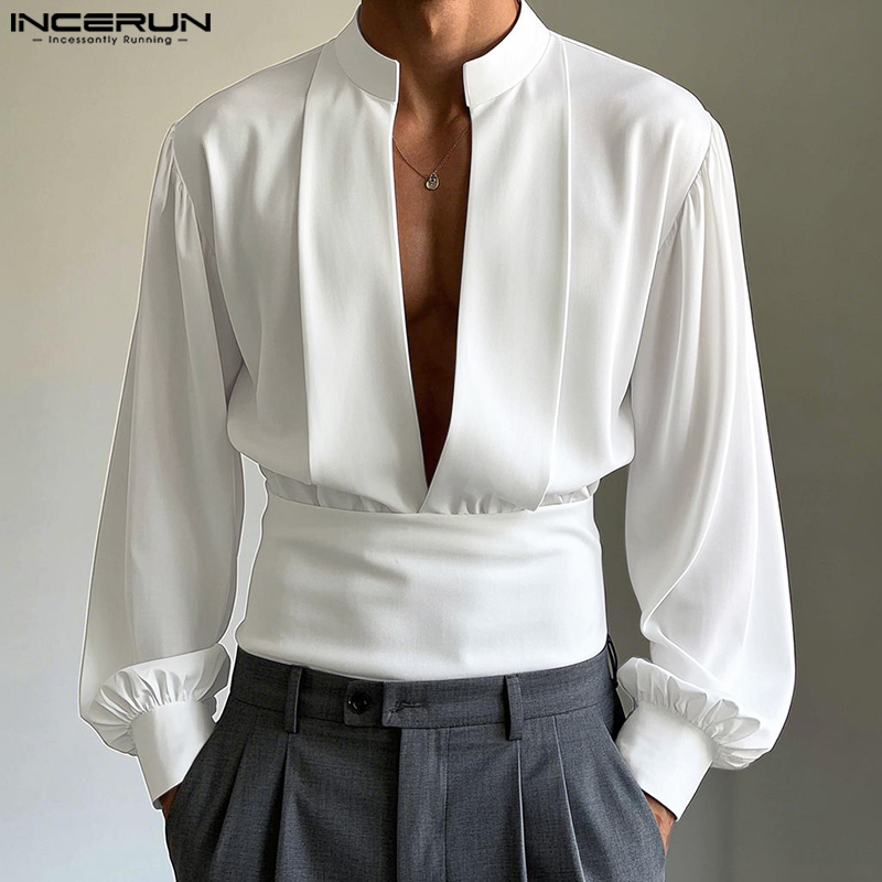 INCERUN Men Shirts Fashion Solid Color Tops V Neck Vintage Men's Clothing Party Tops Streetwear Oversize Summer Spring Blouse