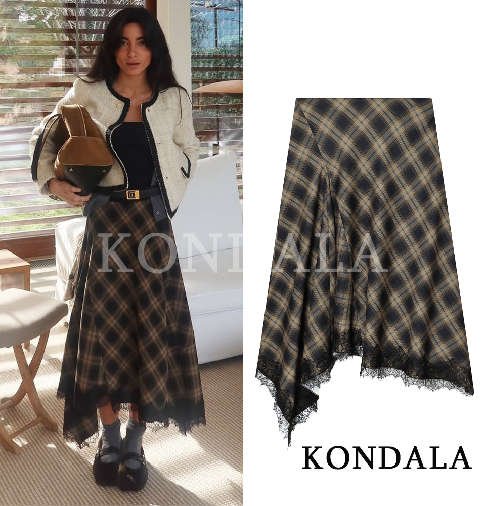 Falda Midi Elegante KONDALA con Dobladillo de Encaje a Cuadros, Falda Moderna para Mujer, Nueva Colección Primavera Verano 2026, Estilo Chic para Vacaciones