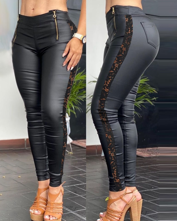 Calças femininas 2022 outono moda crochê renda remendo zíper design couro do plutônio cintura alta magro calças compridas femininas