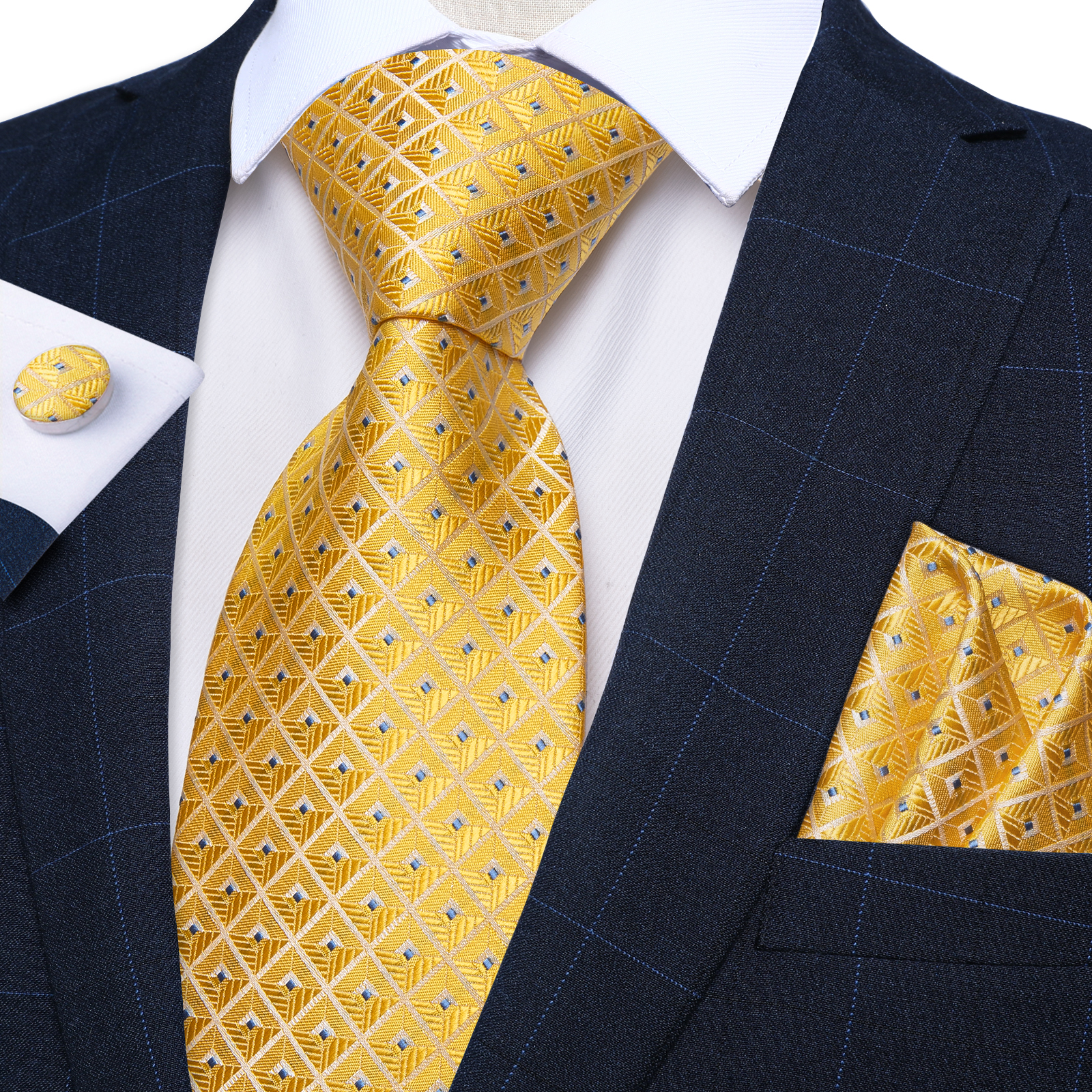 Conjunto de gravata de seda masculina xadrez dourada, 8cm de largura, casamento, pescoço, lenço, abotoaduras, presente para homens, dropshipping, itens por atacado