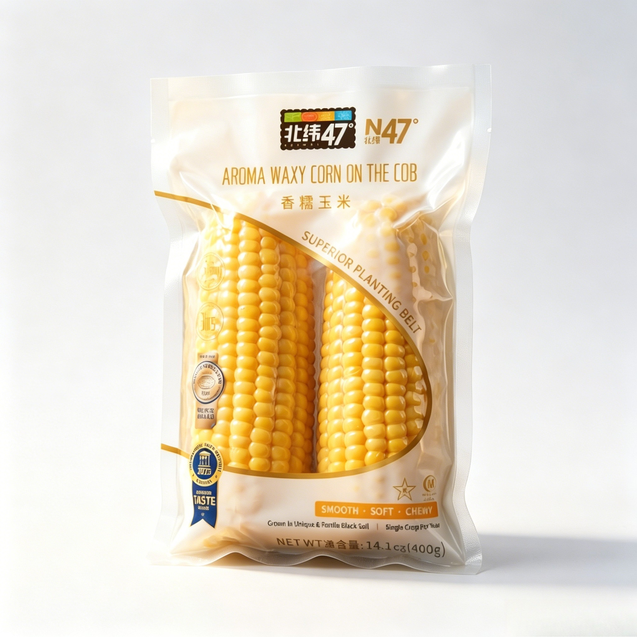 Zoete maïs op de kolf, klaar om te eten N47 Gele kleefmaïs 2 kolven 440g zak Familieverpakking