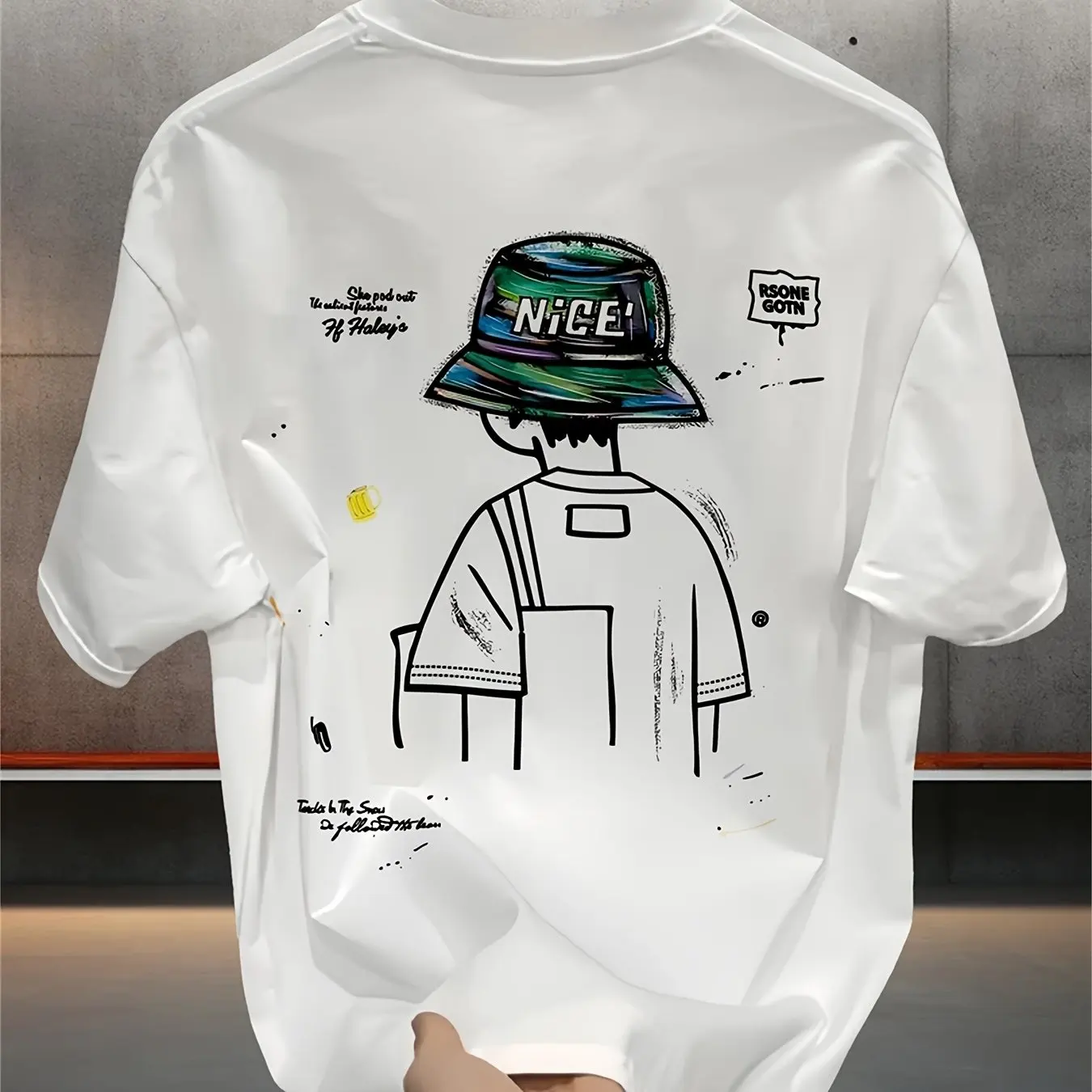 NICE "Bucket Hat Boys" Camiseta de algodón puro para hombre con estampado minimalista de arte lineal, estilo urbano