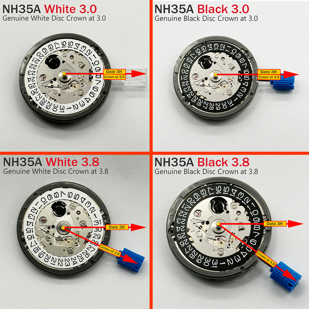 Japão genuíno movimento nh35 coroa às 3.0/3.8 horas branco/preto datewheel 24 jóias de alta precisão mod substituir mecanismo nh35a