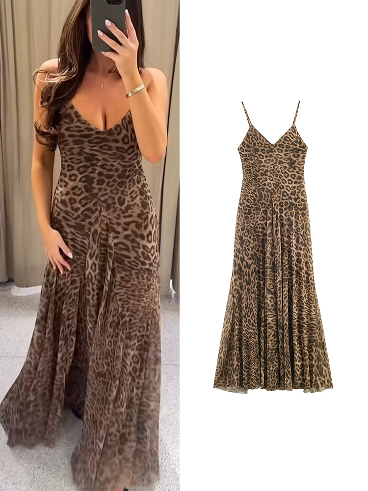 Damen Sexy Sommerkleid Vintage Leopardenmuster Trägerkleid Party Ärmelloses Rückenfreies Schlankmachendes Maxikleid