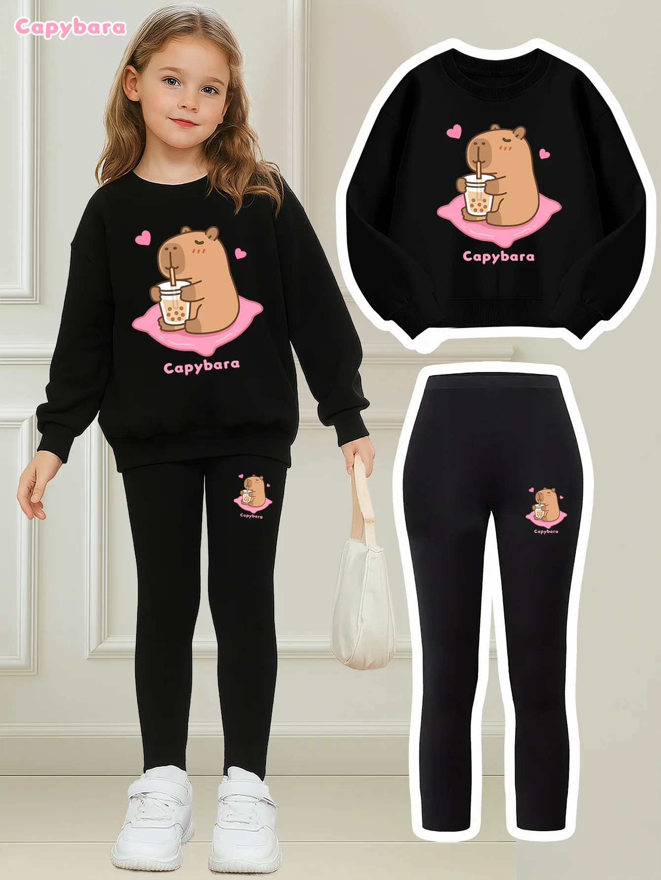 Conjunto informal de otoño para niñas, conjunto de ropa con estampado de corazón y dibujos animados de Capibara, sudadera de manga larga + leggings, conjunto de dos piezas adecuado para niñas de 4 a 12 años